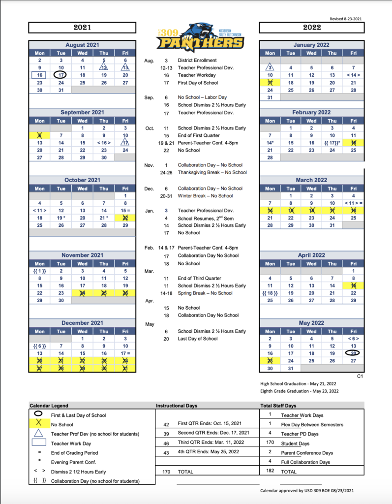 Revised 2021-22 USD 309 District Calendar
